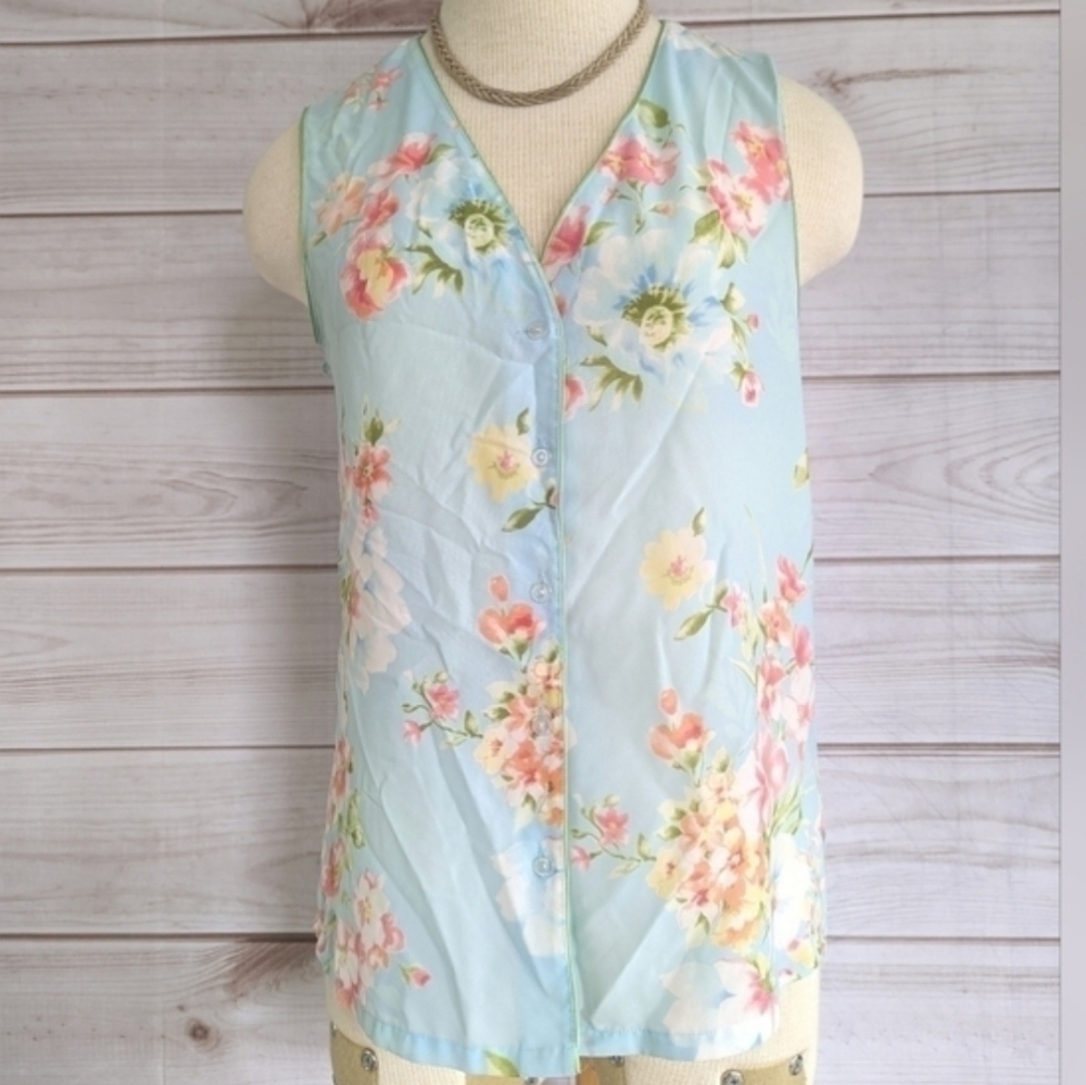 Oscar De La Renta Pink Label Floral Button Down Tank Vest in Blue Size XS - Picture 2 of 12